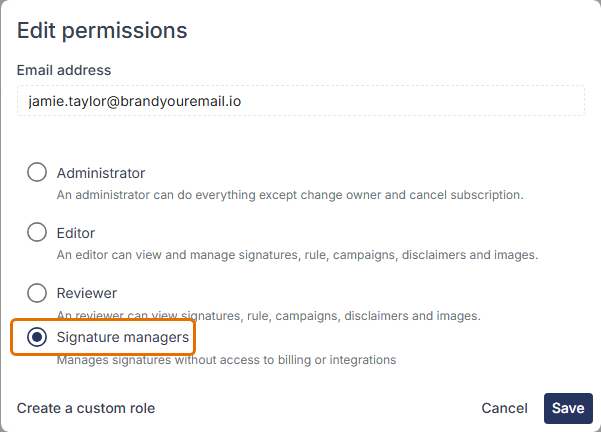 Edit permissions window with the Signature managers custom role selected below Administrator, Editor and Reviewer.