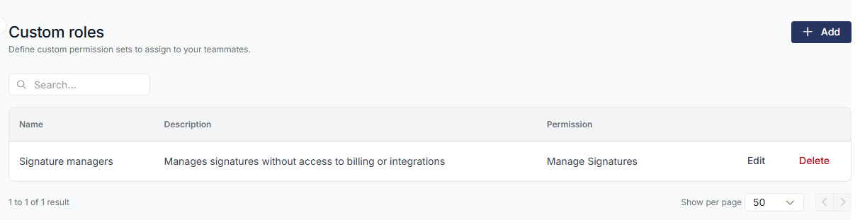Custom roles list showing the Signature managers role with Edit and Delete actions.