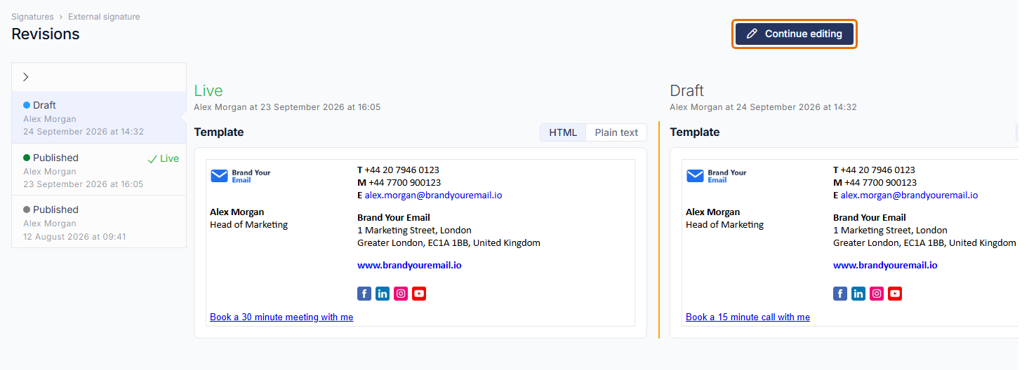 Revisions page listing a draft, the live published version and an earlier published version, with the Continue editing button highlighted.
