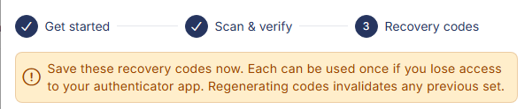 Set up two-factor authentication window on the Recovery codes step, with a warning to save the codes now.